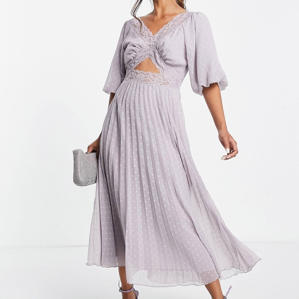 ASOS DESIGN lace insert cut out dobby pleated midi dress